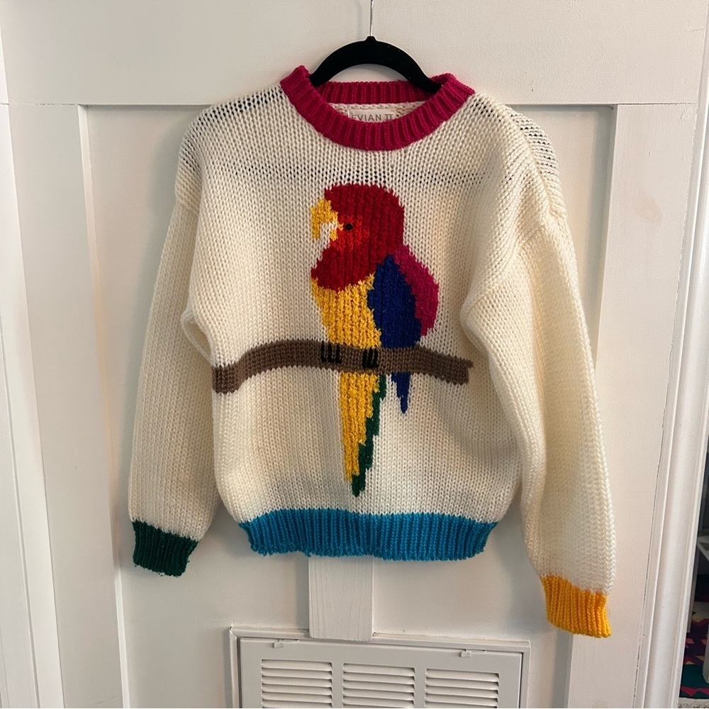 Vtg Evian ll Knitted by Hand Sweater Acrylic Parrot tropical sweater